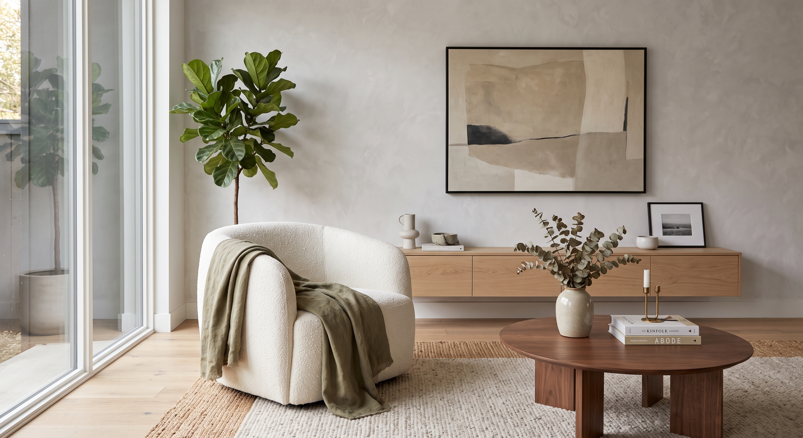 Living room detail of a boucle swivel chair, floating wood console, and abstract art