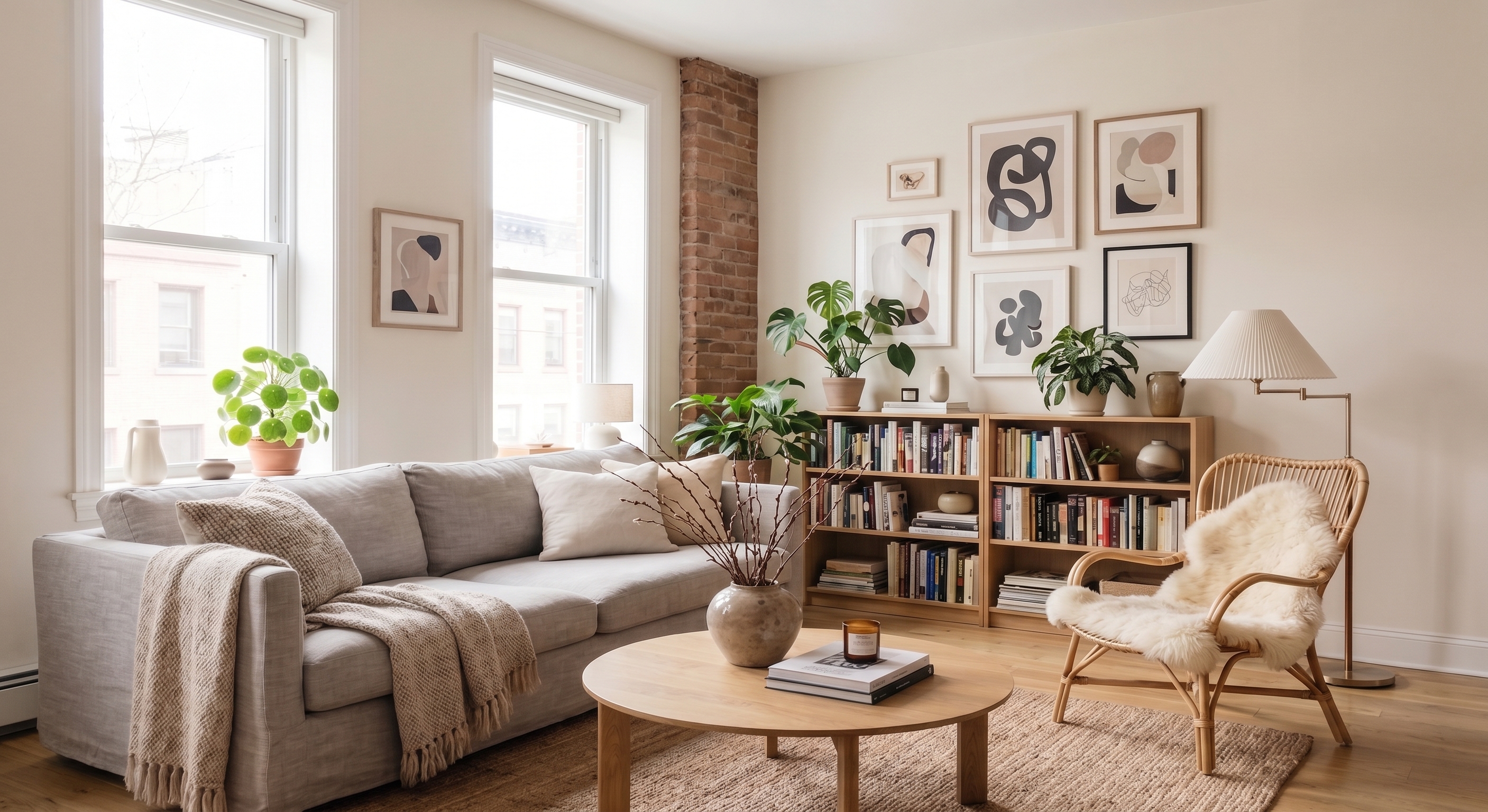 Loft living room with a gallery wall, built-in bookshelves, and a rattan reading chair