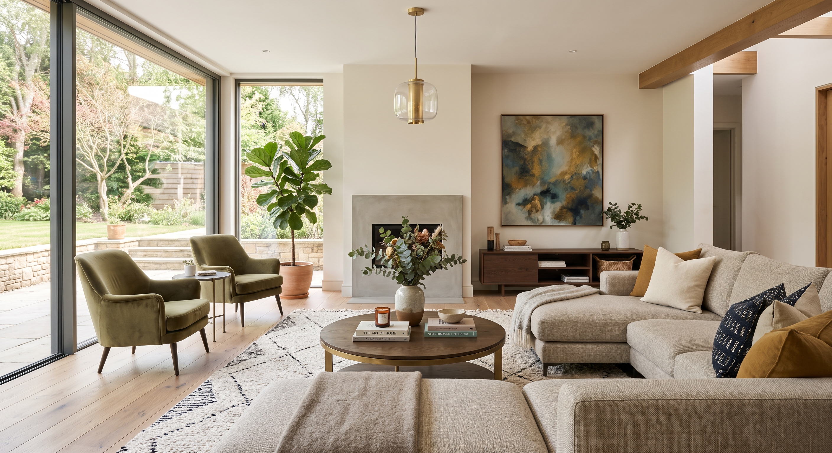 Bright living room with a concrete fireplace, olive velvet armchairs, and a garden-facing sectional